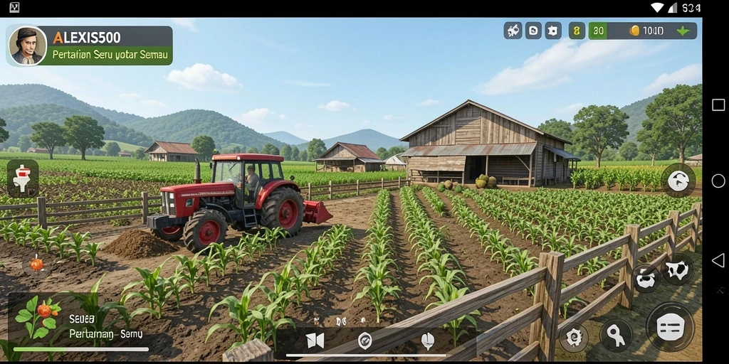 Tampilan menarik dari gameplay ALEXIS500 yang menampilkan kegiatan bertani.