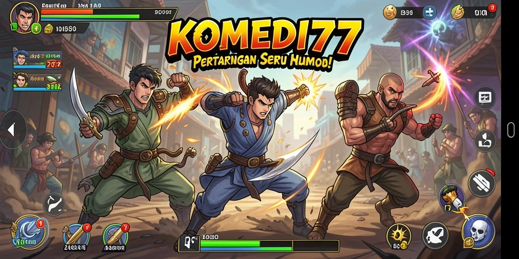 Tampilan gameplay pertarungan seru dengan karakter unik dan lucu.