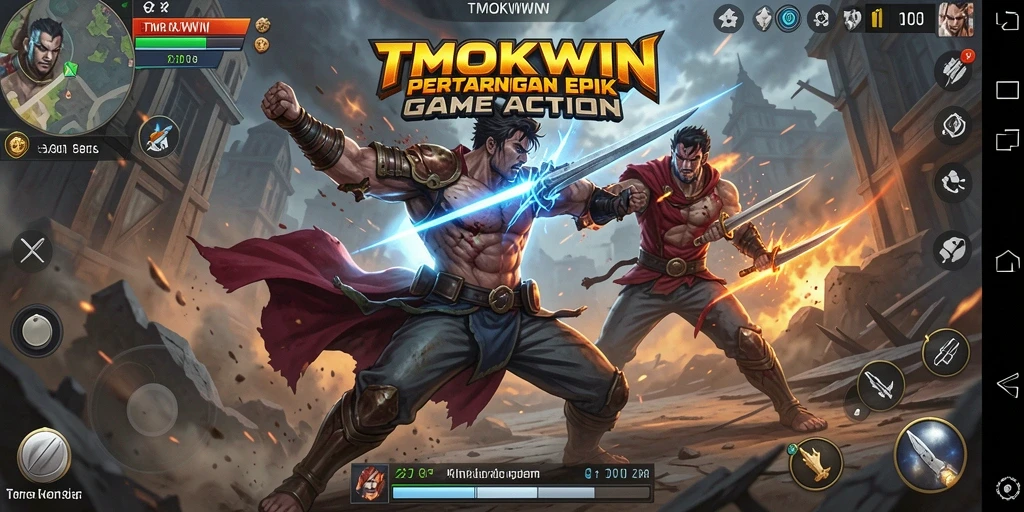 Screenshot utama TMOKWIN menampilkan karakter aksi yang dinamis dalam pertempuran.