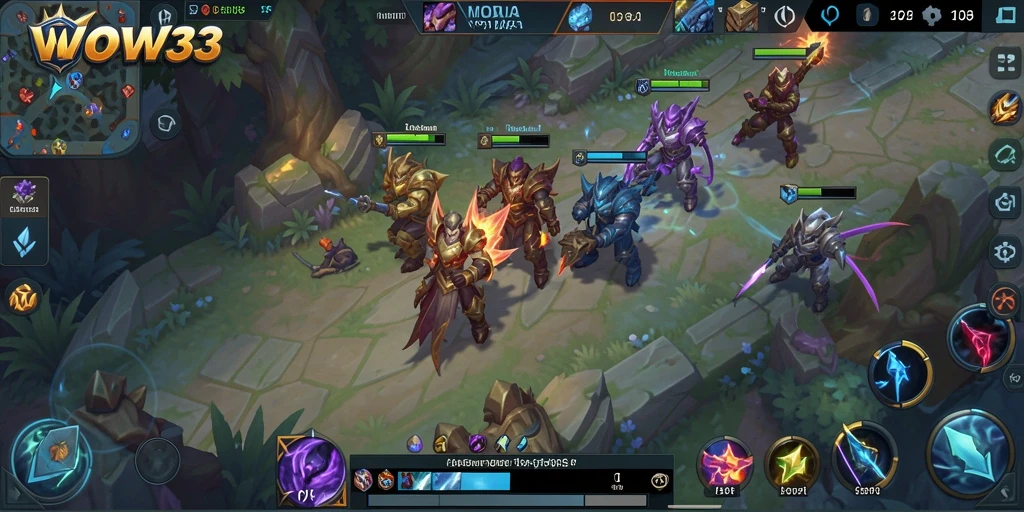 Screenshot gameplay WOW33 dengan aksi intens dalam pertempuran MOBA.
